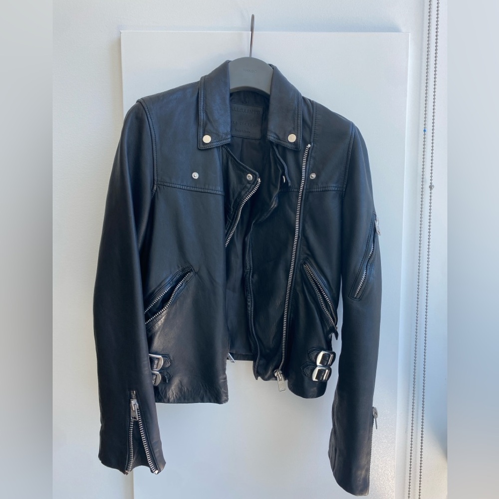 All Saints Black Leather Moto Jacket with Asymmetrical Zipper